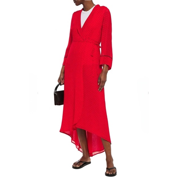 GANNI Mullin Georgette Red Aymmetric Polka Dot Long Sleeve Wrap Midi Maxi Dress - Picture 14 of 16